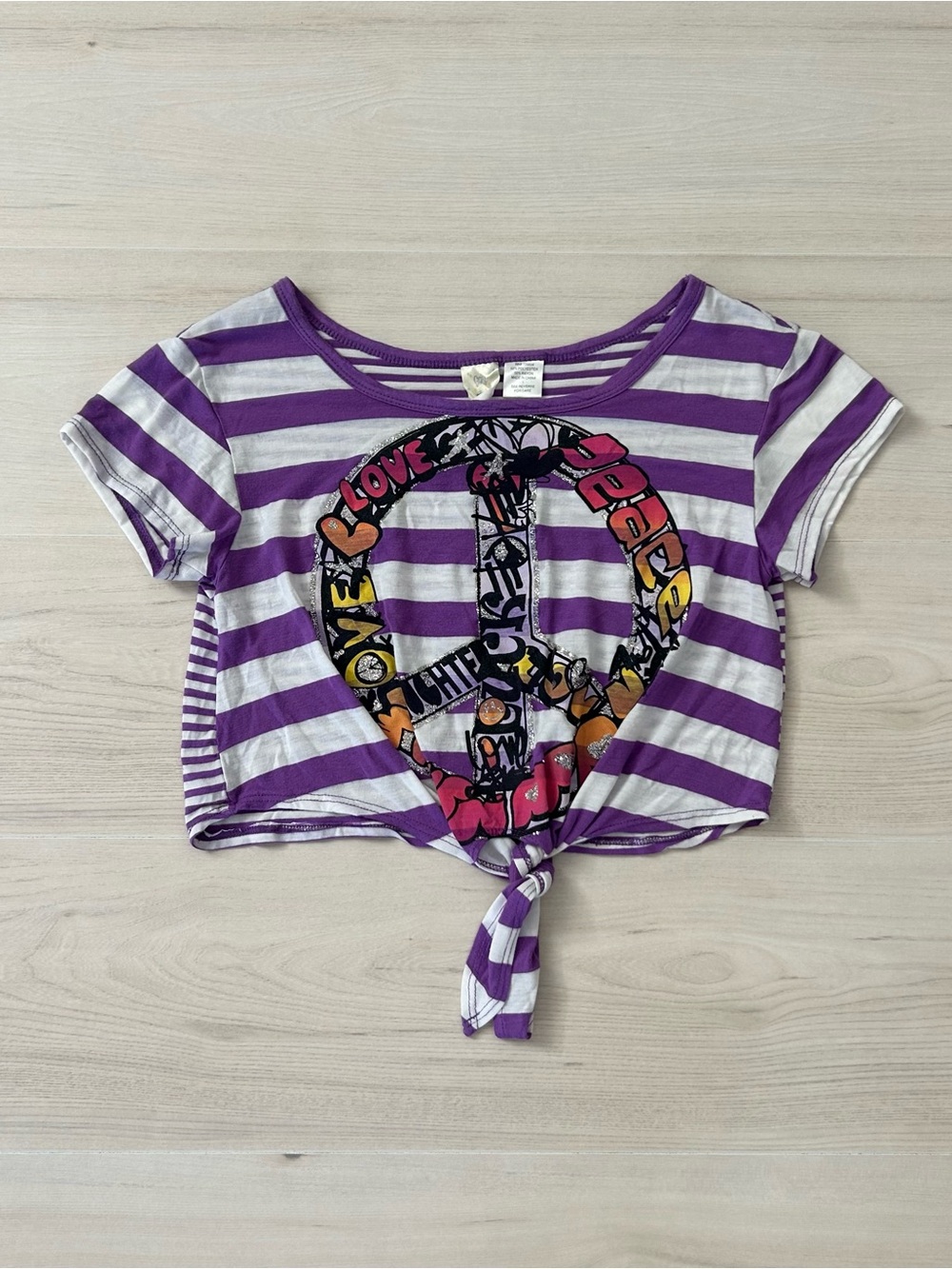 fresh brewed peace sign tie front crop top
